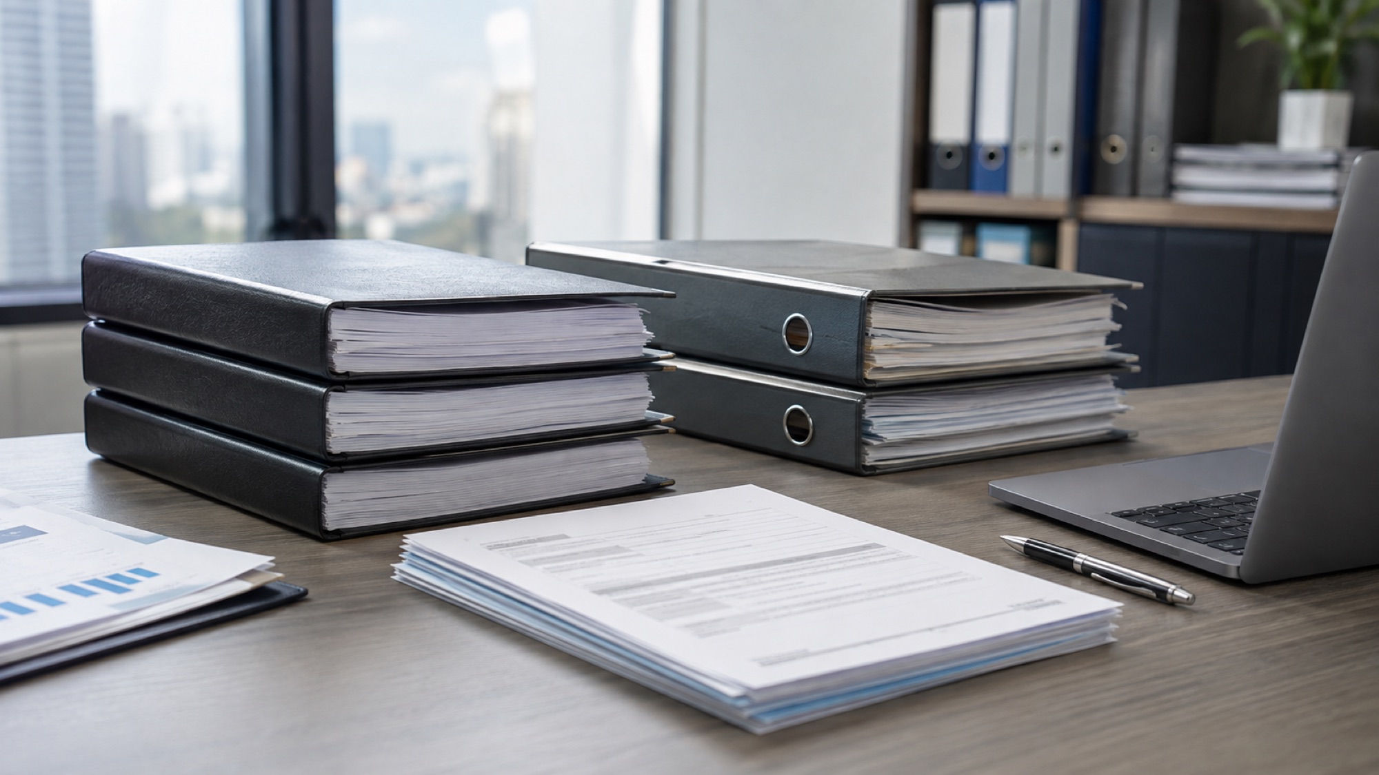 Statutory registers and filing documents laid out on a table
