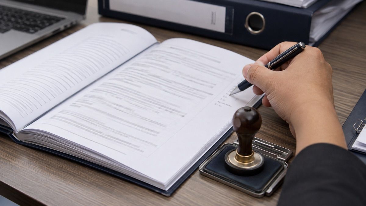 A hand signing a statutory register beside a company seal